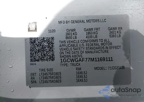 2021 Chevrolet Express Cargo Rwd 2500 Regular Wheelbase Wt z USA, uszkodzony, nr VIN 1GCWGAF77M1169111
